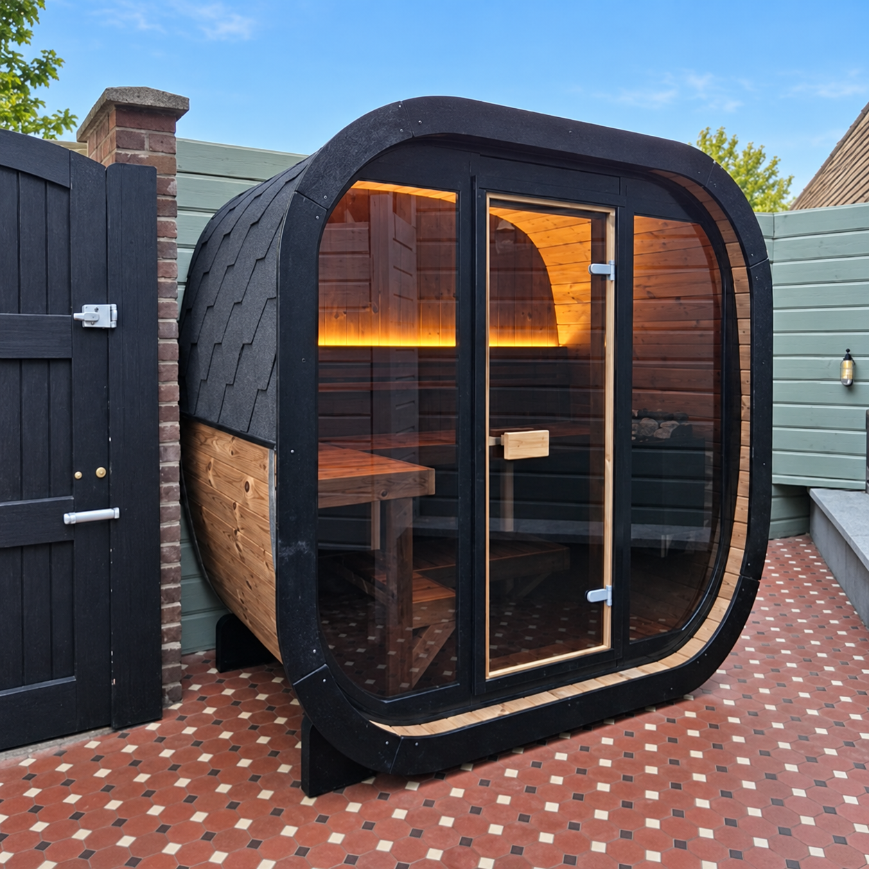 A Nordic Saunas garden installation with a dark curved roof and timber sides